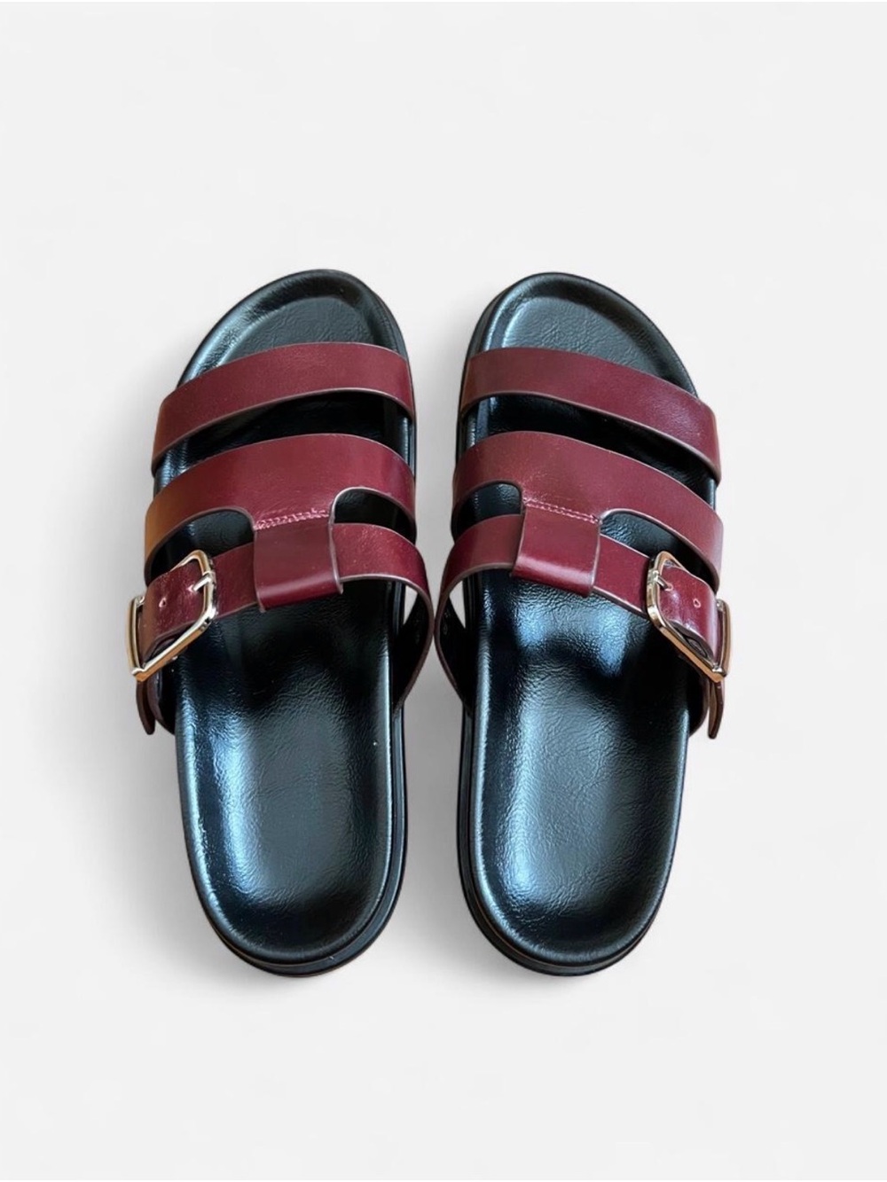 Zara Burgundy Triple-strap Slide Sandals with Silver Buckles